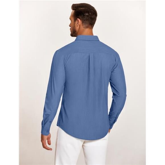 Mens Casual Button Down Shirt Untucked Long Sleeve Stretch Denim Dress - Picture 4 of 6